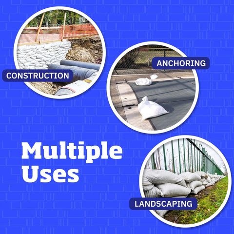 Uses of Beefy Heavy Duty Sand Bags With Tie Strings For Flood Control, 50 Lb Capacity, 14x26 Inches, in construction and landscaping