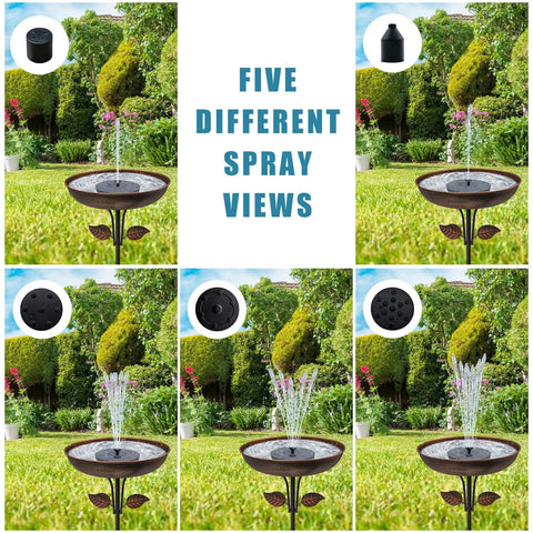 Five spray patterns of Solar Powered Bird Bath Fountain Pump for Backyard Birds, Floating 6.3-Inch Unit with 7V 1.4W Panel