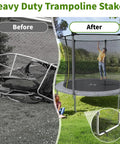 12 Inches Trampoline Wind Stakes Heavy Duty U Stakes anchor trampoline securely, before and after installation comparison.