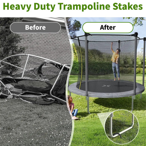 12 Inches Trampoline Wind Stakes Heavy Duty U Stakes anchor trampoline securely, before and after installation comparison.