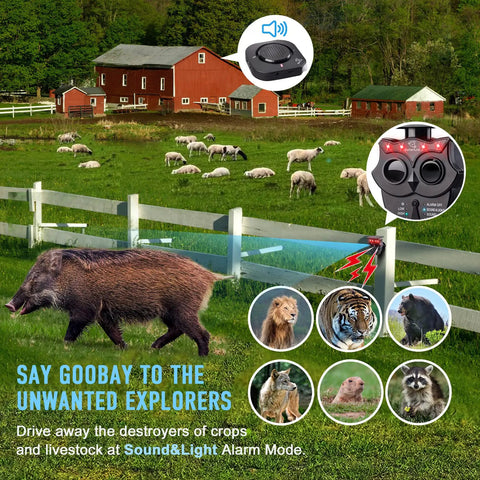 Image showing a farmland with animals and the Half Mile Solar Wireless Driveway Alarm System With IP65 Weatherproof Outdoor Motion Detectors.