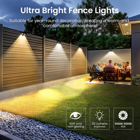 Solid Solar Fence Lights For Outdoor Deck Railings And Garden Pathways Featuring Smooth Color Changing RGB Cycles With IP65 Waterproof Design Great To Level Up Your Backyard Hangout And Serve Dope Nighttime Ambiance In An Eight Piece Set, illuminating a landscaped area with soft lighting.