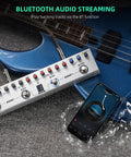 Bass Effects Pedal With 36 Presets And Editable 4 Modules Including Amp Compressor Mod Space Reverb IR Cab And Tuner, Bluetooth connected to smartphone next to blue bass guitar.
