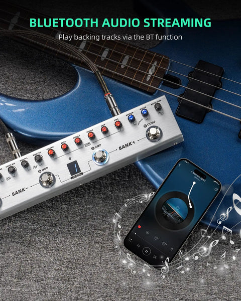 Bass Effects Pedal With 36 Presets And Editable 4 Modules Including Amp Compressor Mod Space Reverb IR Cab And Tuner, Bluetooth connected to smartphone next to blue bass guitar.