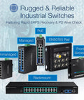 Image showing various rugged industrial switches including managed, unmanaged, PoE, rackmount models; labeled for rugged reliability.