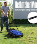 Man using powerful 13 Inch 12 Amp Two In One Electric Dethatcher And Scarifier with collection bag on lawn in dethatcher mode.