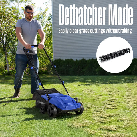 Man using powerful 13 Inch 12 Amp Two In One Electric Dethatcher And Scarifier with collection bag on lawn in dethatcher mode.