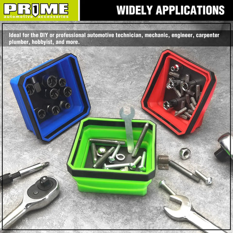 Collapsible Magnetic Parts Tray Set With 3 Foldable Silicone Bowls, 4.25 Inch Square Magnetic Base Keeps Small Parts And Tools Sorted On Your Workbench