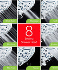 High Pressure Shower Head Combo With Handheld And Rain Head, 8-Setting overview showcasing various water flow styles.
