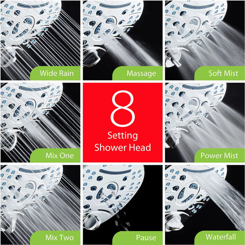 High Pressure Shower Head Combo With Handheld And Rain Head, 8-Setting overview showcasing various water flow styles.