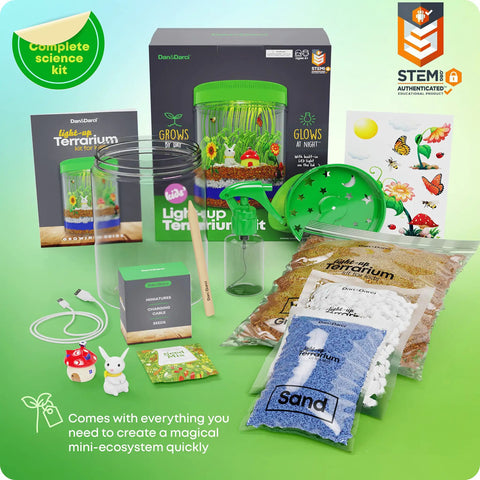 Complete Light Up Terrarium Kit For Kids A Fun Hands On STEM Science Toy with jar, LED lid, seeds, soil, and tools displayed.