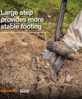 60-Inch Pro Garden Shovel For Digging, Heavy-Duty Steel Spade with straight handle, foot on blade for leverage in soil.