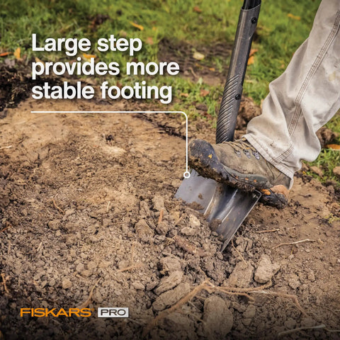 60-Inch Pro Garden Shovel For Digging, Heavy-Duty Steel Spade with straight handle, foot on blade for leverage in soil.