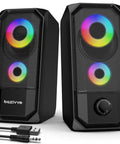 Desktop Computer Speakers Hi Res Stereo Pair With Dual 5W Full Range Drivers USB Powered And 3.5mm AUX Input Volume Knob 6 RGB Light Modes