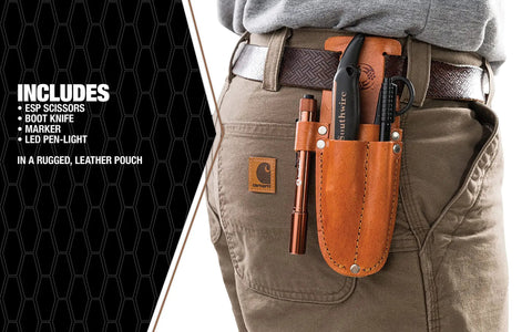 Person wearing 5 Piece Cable Splicing Kit With Spring Loaded Scissors LED Pen Light And Durable Leather Pouch.
