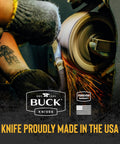 Person sharpening a 119 Special Hunting Knife 6 Inch Fixed Blade Full Tang 420HC Clip Point Phenolic Handle Sheath Included Made in USA
