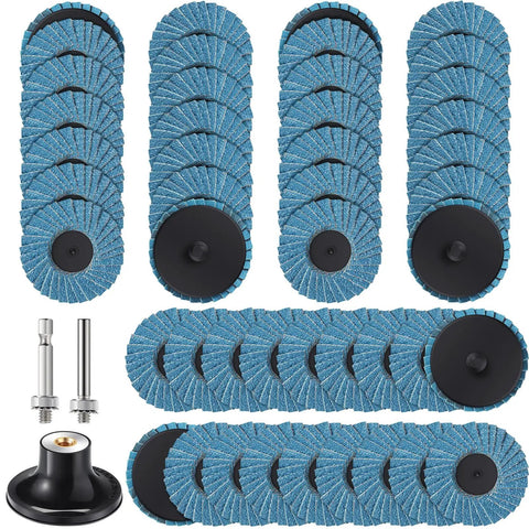 48 Piece 2 Inch Flap Disc Set With One Quarter Inch Shank Holder Grits 40 60 80 120 For Die Grinder Surface Grinding Rust Removal Finishing Deburring Stock Prep And Metal Work displayed