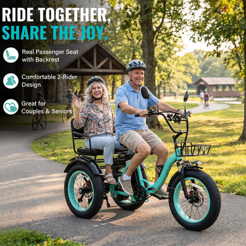 Two Seater Electric Trike For Adults With Passenger Seat And Foldable Frame 1350W Peak Motor 48V 15.6Ah Battery 20x4 Fat Tires 3 Wheel Ebike With Rear Differential Steel Frame Green with two riders