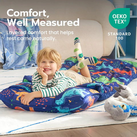 Toddler Nap Mat With Removable Pillow And Minky Blanket 55 By 30 Inches Colorful Dinosaur Design for Naptime