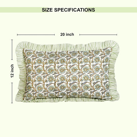 Block Print Bloom Bubbles Cotton Lumbar Sham Cover 36x14 Boho Floral Pillowcase With Ruffle Edges, Farmhouse Cottagecore Bedding, Comfy Decorative Cover, Gift For Spring Easter Valentine. size chart for 20 x 12 inch cotton lumbar sham with ruffle edges
