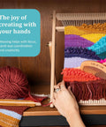 Close-up of Beginner Friendly Weaving Loom Kit for Adults and Kids with wooden loom, colorful yarn, and weaving tools in use.