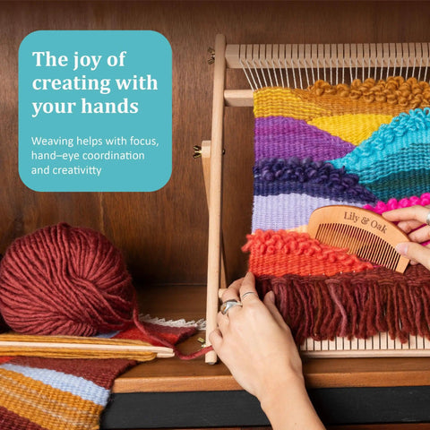 Close-up of Beginner Friendly Weaving Loom Kit for Adults and Kids with wooden loom, colorful yarn, and weaving tools in use.