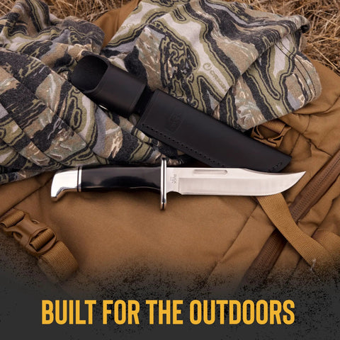 119 Special Hunting Knife 6 Inch Fixed Blade Full Tang 420HC Clip Point Phenolic Handle Sheath Included on camo blanket
