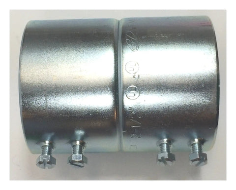Set Screw Coupling For EMT Conduit 2-1/2 Inch Trade Size Steel Zinc-Plated Pack Of 5 With Tri-Head Screws For Slotted Phillips Or Robertson Screwdrivers UL Listed; close-up