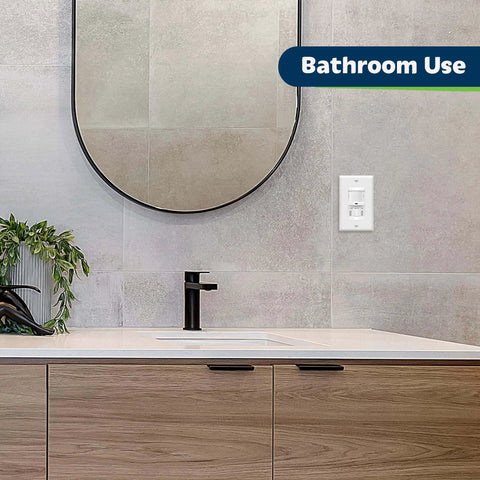 2 Pack In Wall Motion Sensor Light Switch For Single Pole Install in bathroom setting with mirror and faucet