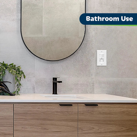 In Wall PIR Motion Sensor Light Switch For Single Pole Install Neutral Wire Required Auto On Off Occupancy Sensor 4A 500W White TSOS5W in modern bathroom.