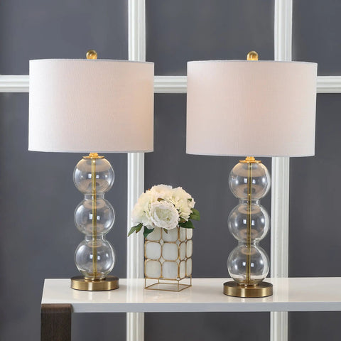 Clear Glass Triple-Sphere Table Lamps Set Of 2 With Brass Accents And White Linen Shade 27-Inch Tall displayed on a table