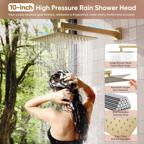 Slick Brushed Gold Shower System Featuring Wall Mounted Rainfall Head And Adjustable Body Spray Jets, Includes Durable Tub Spout, Hassle Free Plumbing Setup, Premium Fixtures For Your Bathroom Glow Up