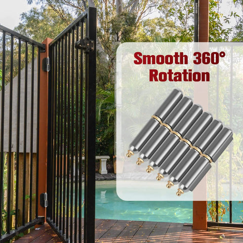 Six Pcs Weld On Bullet Barrel Hinges displayed beside a metal gate, highlighting smooth 360° rotation and secure lid closure for grilling.