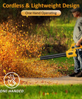 Person using Cordless Leaf Blower With 2 4.0Ah Batteries And Fast Charger, 580 CFM 180 MPH Beast Electric Handheld Blower, 3 Speed Modes, 20V Power, For Leaves And Small Gravel, Yellow to blow leaves