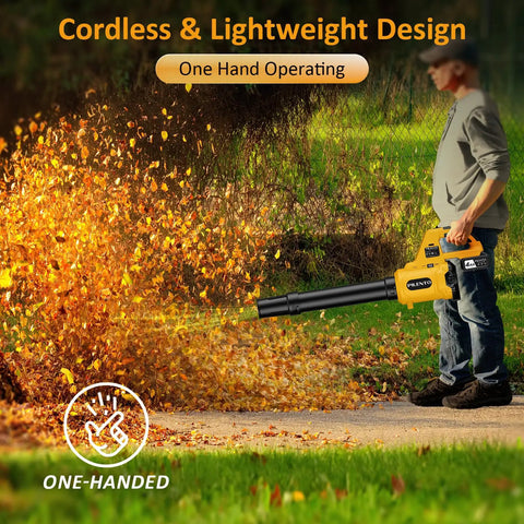 Person using Cordless Leaf Blower With 2 4.0Ah Batteries And Fast Charger, 580 CFM 180 MPH Beast Electric Handheld Blower, 3 Speed Modes, 20V Power, For Leaves And Small Gravel, Yellow to blow leaves