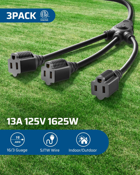 One To Three Outlet Power Splitter Cord With 18 Inch Heavy Duty 16 AWG 3 Conductor SJTW Wire For Halloween Decor Lights Black