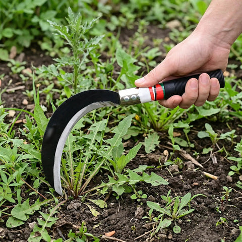 Two Piece Hand Sickle Garden Tool Set No Nonsense Heavy Duty Manganese Steel Weed Cutter in use on garden weeds