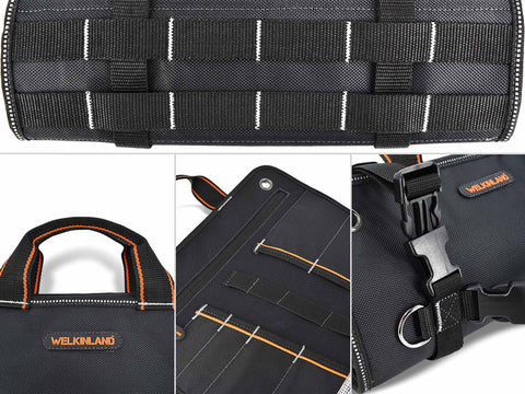 Close-up of Roll Up Tool Organizer Bag For Mechanics, Electricians, And Bike Riders, 13 Pockets With 5 Large Zip Bags, heavy-duty build