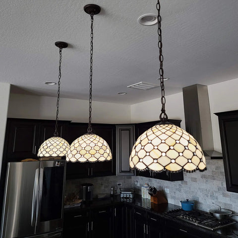 Tiffany Style Hanging Pendant Lamp 12 Inch Stained Glass With White Jeweled Inset in modern kitchen setting