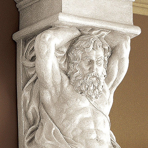 Telamon Wall Sculpture In Antique Stone Finish, hand cast with real crushed stone, Grecian guardian detail