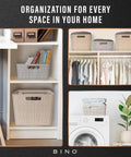 Small Natural Woven Plastic Basket 5 Pack Home Organization Closets Kitchen Bedrooms Space Saving Storage Bins Keep It Hella Neat for bookshelf and laundry.