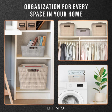 Small Natural Woven Plastic Basket 5 Pack Home Organization Closets Kitchen Bedrooms Space Saving Storage Bins Keep It Hella Neat for bookshelf and laundry.