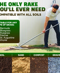Man using Pro Grade Stainless Lawn Leveling Rake 30 Inch Heavy Duty Ground Leveler on grass, suitable for all soil types.