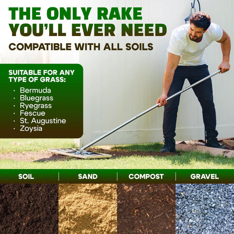 Man using Pro Grade Stainless Lawn Leveling Rake 30 Inch Heavy Duty Ground Leveler on grass, suitable for all soil types.