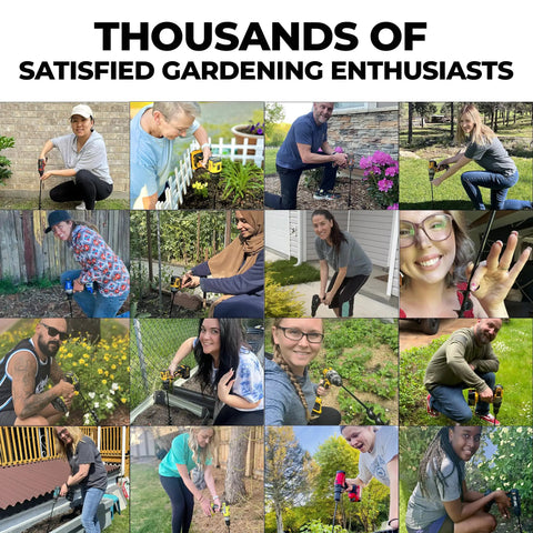 Collage of gardening enthusiasts using 2 Pack 32 Inch Auger Drill Bits For Planting Garden Spiral Holes And Bulb Planting No Sweat Digging Post Hole Creator For Umbrella Hole Installations Compatible With Three Eighth Inch Hex Drive Drills Easy Digging And Reversing Action.
