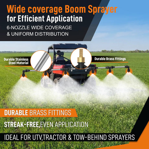 Boom Sprayer Wand Kit For ATVs And UTVs with 6 Nozzle Attachment, stainless steel and brass fittings spraying in field