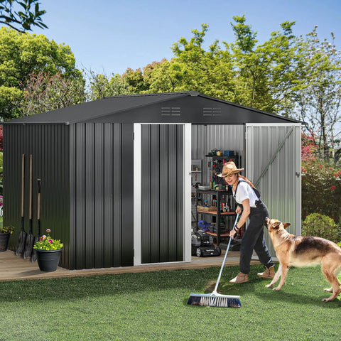 10 By 8 Ft Outdoor Storage Shed With Lockable Doors And Ventilation, Spacious Metal Tool Shed in garden setting, dark gray