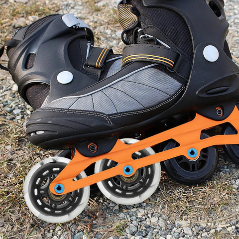 Top Notch Alloy Kit Includes 8 Blue Axle Screws Spacers For Inline Roller Skates Repair Hardware Maintenance Tools For Riders Upgrading Rig Ensuring Smooth Ride Without Loose Parts Hurting Session At Park Ready To Pop Off Your Setup. Inline roller skates with orange frame and blue axle screws