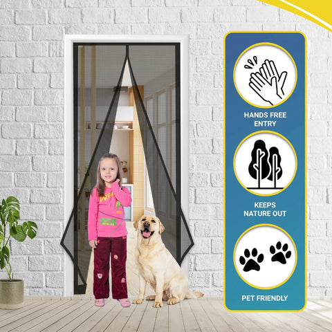 Child and dog near Self Sealing Magnetic Screen Door For Pets And Kids With Hands Free Entry Keeps Bugs Out Heavy Duty Mesh Curtain