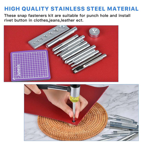 14-Piece Rivet Setter Kit For Leather Work Pro-Grade Stainless Steel Snap Rivet Tools With Non-Slip Base Die Punch